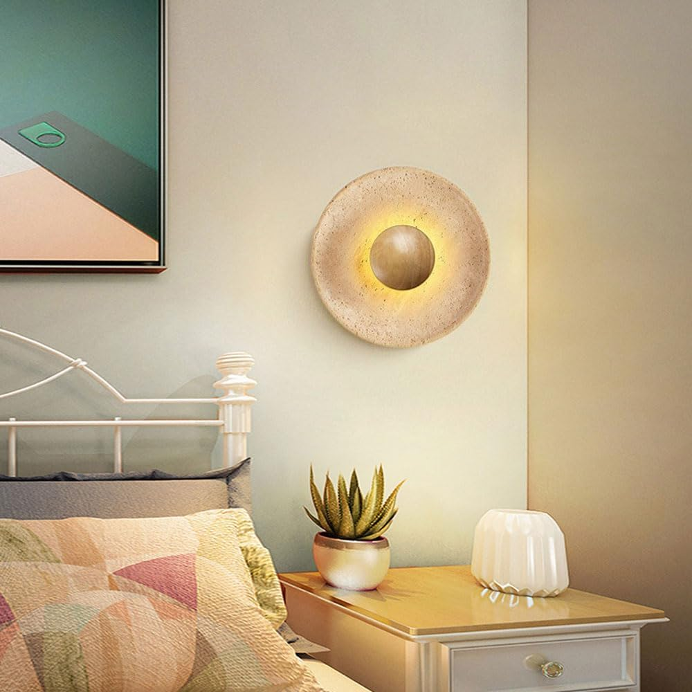 Yellow Travertine Wall Lamp Wabi Sabi Wall Sconce Lighting Fixture round Wood Wall Light, Natural Stone Wall Sconces Hardwired Wall Lights for Bedroom Living Room Stairs XXZ image number 5