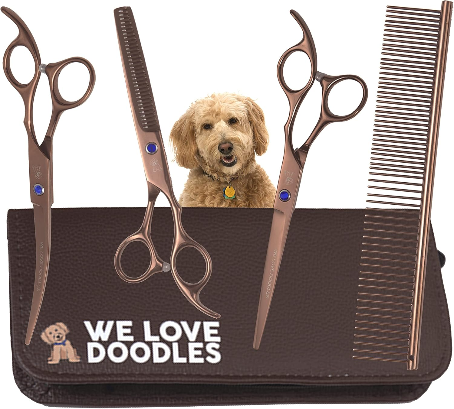 Dog Grooming Scissors Kit - Best Tools for Goldendoodles, Poodles & Doodles - Straight, Curved & Thinning Shears - Golden Doodle Grooming Kit - Professional Grade Steel, 4 Pc Set [We Love Doodles] image number 1