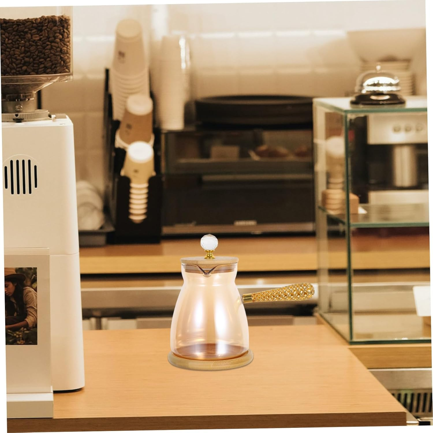 HOLIDYOYO Turkish Coffee Pot Glass Teapot with Long Heat-Resistant Handle for Manual Brewing Stovetop Espresso Maker and Loose Leaf Tea Elegant Gold Finish for Home and Office Use image number 3