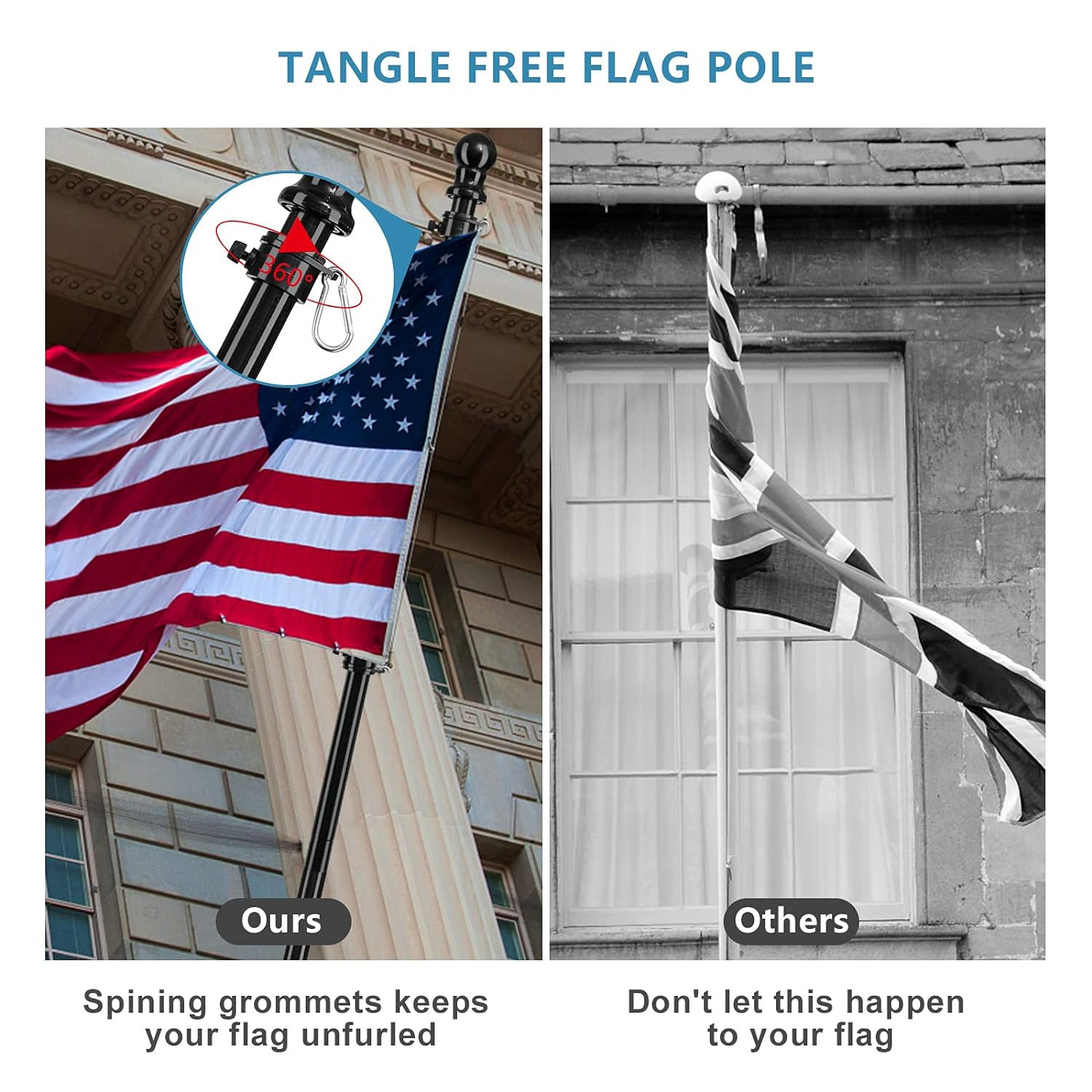 Barcetine American Flag Poles for outside House - 6Ft Tangle Free Flag Pole for House with Holder Bracket,Residential Flagpole Kit for Outdoor Porch Garage - Black image number 6