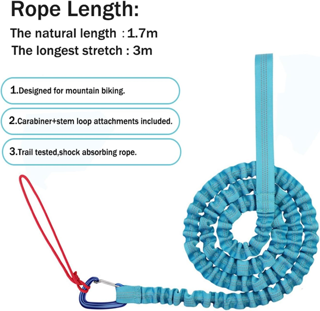 Bicycle Tow Rope, 3 Meters Elastic Bike Tow Strap with Hook, MTB Stretch Bungee Tow Rope, Cycling Pull Strap, Portable Bike Tow Leash Belt, Reflective Traction Cord for Mountain Bike Going Uphill image number 2