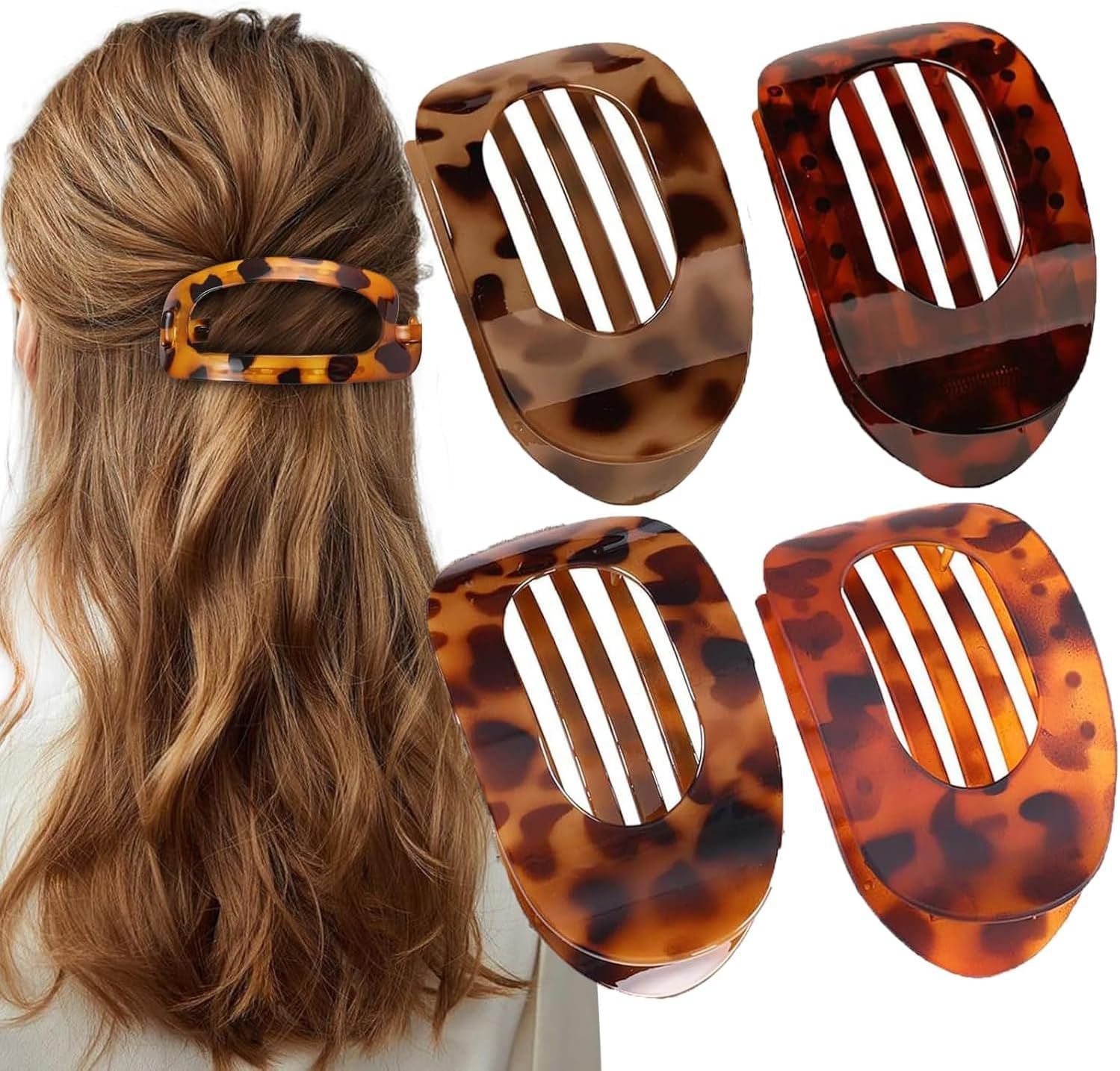 Small Flat Claw Clips for Women, Stylish Flat Hair Clips for Women, Strong Hold for Thick & Fine Hair | Non-Slip for Secure, Comfortable All-Day Wear-Tortoise Design (4PCS-A)