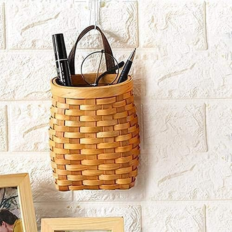 Hanging Wicker Basket Hand-Woven Wood Storage Basket Portable Wall Hanging Flower Basket Organizer Fruit Vegetable Rattan Box Home Decoration Height 6.1In image number 3