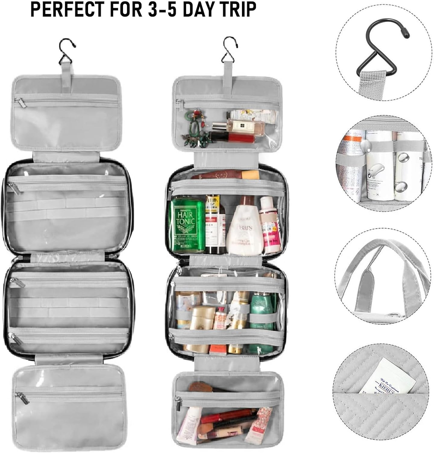 Large Hanging Travel Toiletry Bag with Multiple Compartments, Detachable Cosmetic Pouches, Waterproof Travel Organiser for Men & Women, Portable Travel Accessories image number 3