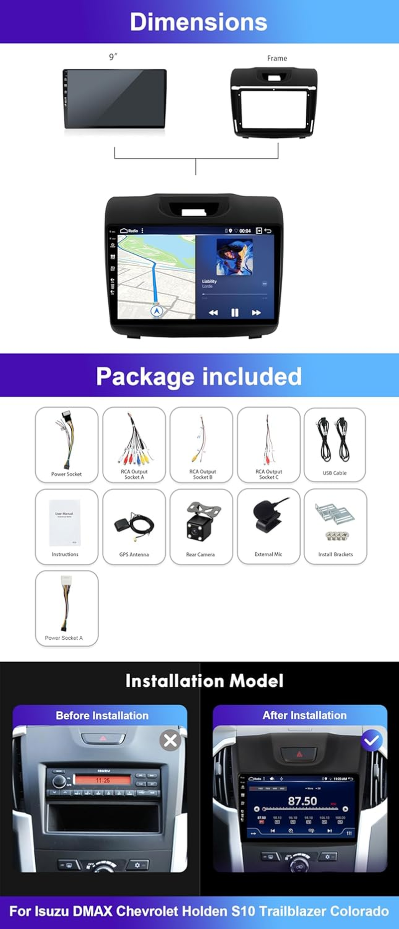 Double Din Android 15 Car Stereo Radio GPS Navigation for Isuzu D-Max DMAX 2012-2020 Head Unit Camera MIC DSP Carplay Bluetooth FM Wifi SWC Mirror Link Aux image number 4