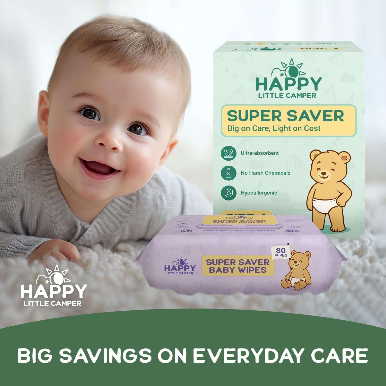 Happy Little Camper Super Saver Baby Wet Wipes, 240 Count (3 Packs of 80 Wipes), 99% Water, Totally Chlorine Free Baby Wipes Suitable for Sensitive Skin image number 1