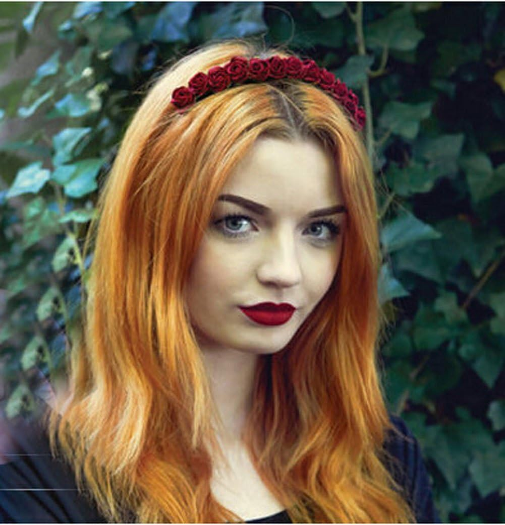 Love Sweety Boho Floral Crown Rose Flower Headband Hair Wreath - Dark Red image number 4