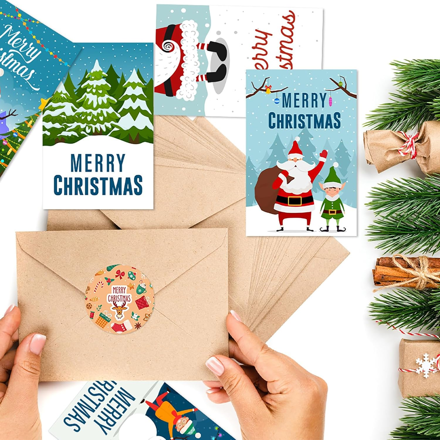 12 Set Christmas Holiday Greeting Card Set, 7.87X5.9 Inch, 12 Assorted Custom Illustrative Designs, Blank Inside, By, Complete with Envelopes and Sticker (Style C) image number 3