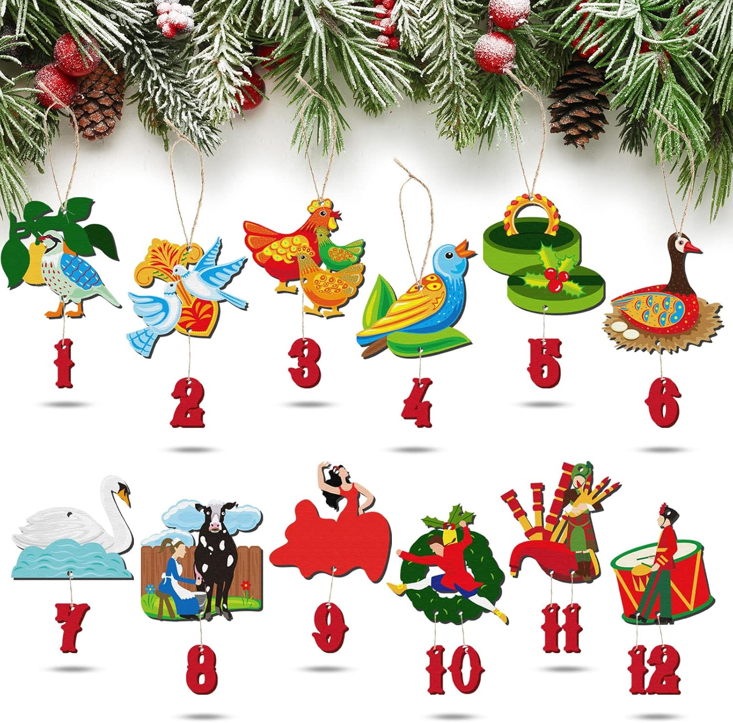 12 Pieces 12 Days of Christmas Ornaments Set Wooden Christmas Ornament 3.15 Inch Colorful Xmas Twelve Days of Christmas Ornaments Hanging Christmas Ornaments for Christmas Tree (Irregular Style) image number 3