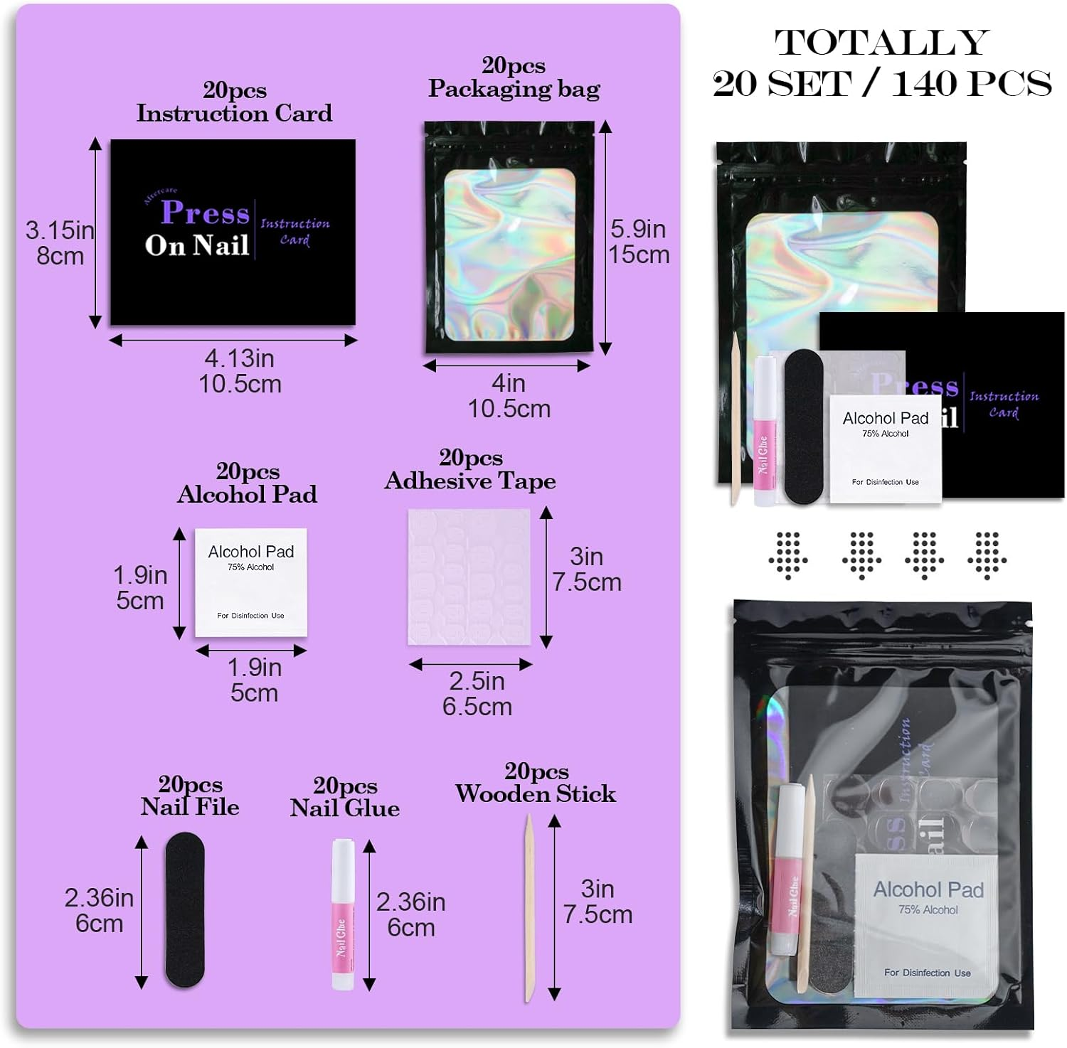 Disposable Nail Supplies Kits,Professional Manicure Press on Nail Tool Kit with Nail File,Adhesive Tabs,Nail Glue,Sticks, Prep Pads,Bags,Cards for Nail Business(Black-140Pcs20Set) image number 4