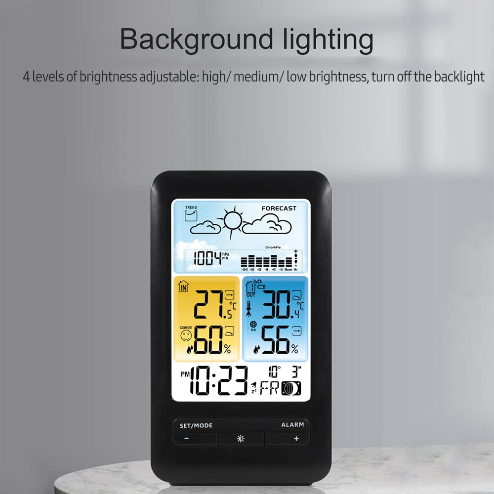 LCD Weather Station Alarm Clock with Snooze Digital Indoor Outdoor Temperature Humidity Monitor Thermohygrometer with Backlight/Date/Week/Moon Phase/Comfort Level/Alarm Function for HOM GTRH image number 2