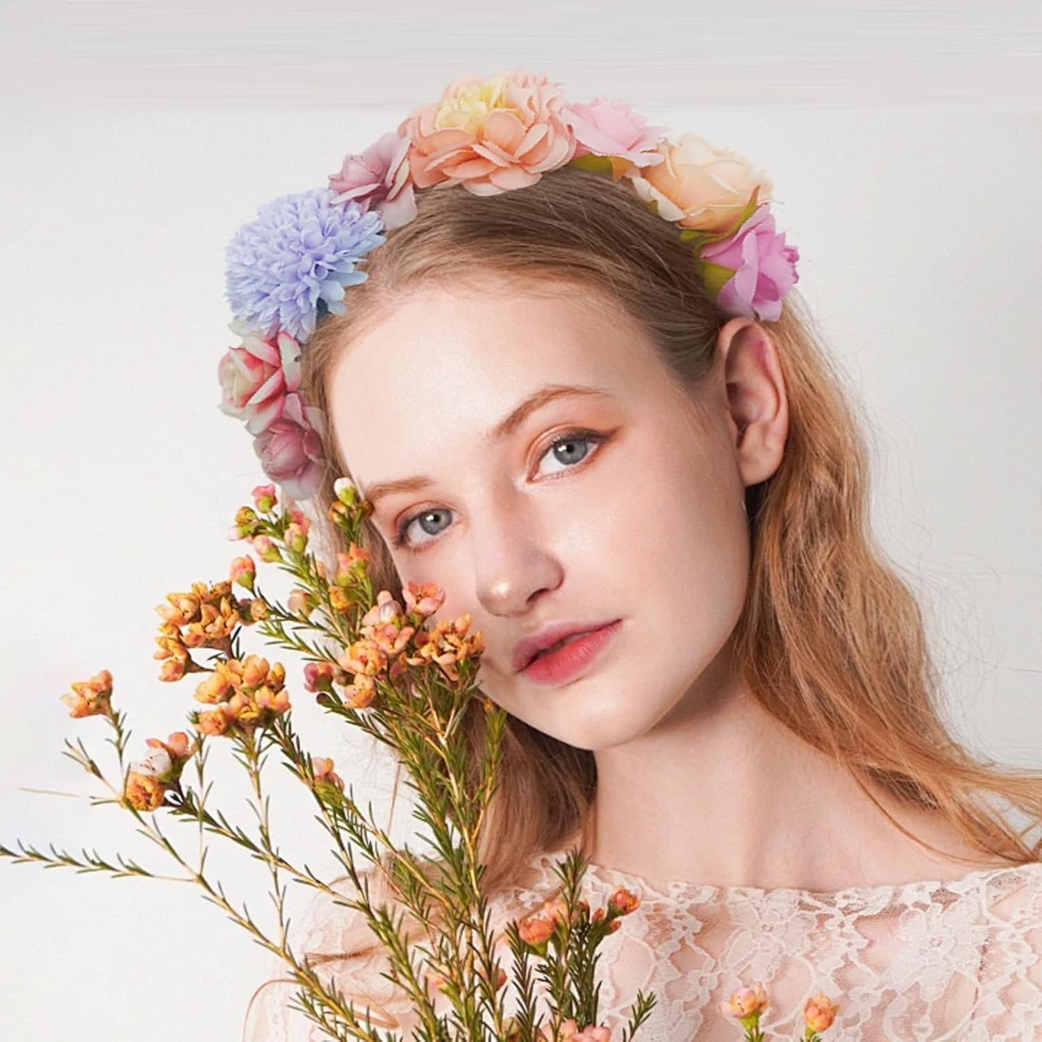 KASESSS 1 Pcs Floral Crown Flower Headband, Multicolour Flower Headband, Floral Headband for Women Girls, Flower Wreath Head Band, Flower Hairband for Festival Party Wedding Beach Birthday Cosplay image number 4