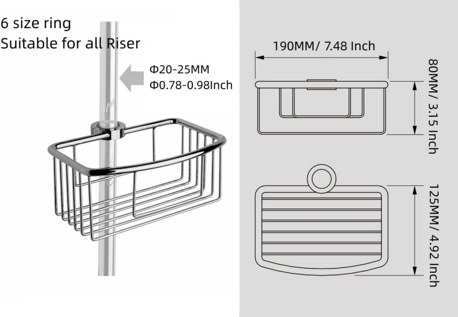 Frafuo Shower Pole Caddy for Shower-6 Size Riser Ring NO Drilling Tension Shower Caddy Basket for Bathroom-Sus 304 Chrome Shower Caddy-Small Shower Caddy Pole with Luxury Standard image number 6
