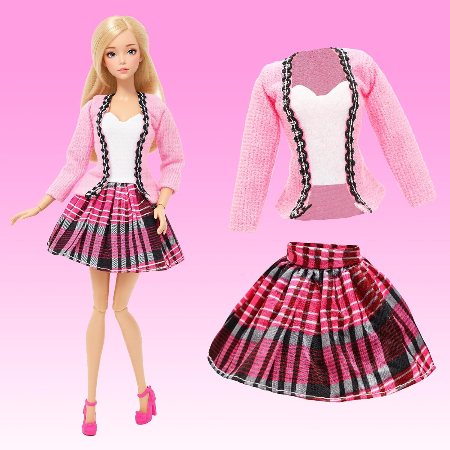 BARWA 25 Pack Doll Clothes and Accessories Handmade Including 1 Winter Coat 2 Sweater 1 Trousers Sets 3 Fashion Dresses 3 Outfits Tops and Pants 5 Mini Party Skirt and 10 Shoes for 11.5 Inch Dolls image number 5