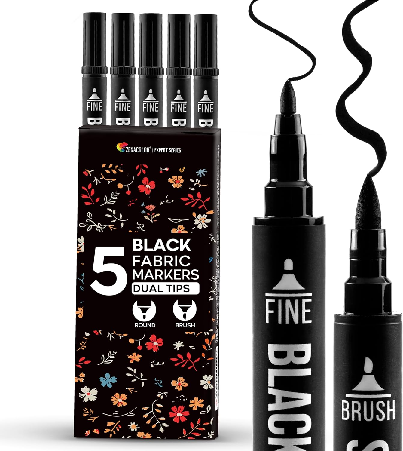 Zenacolor 5 Dual-Tip Black Fabric Markers Permanent for Clothes - Fabric Paint Pens for Personalizing Shirts Bags Hats Canvas and Textiles image number 2