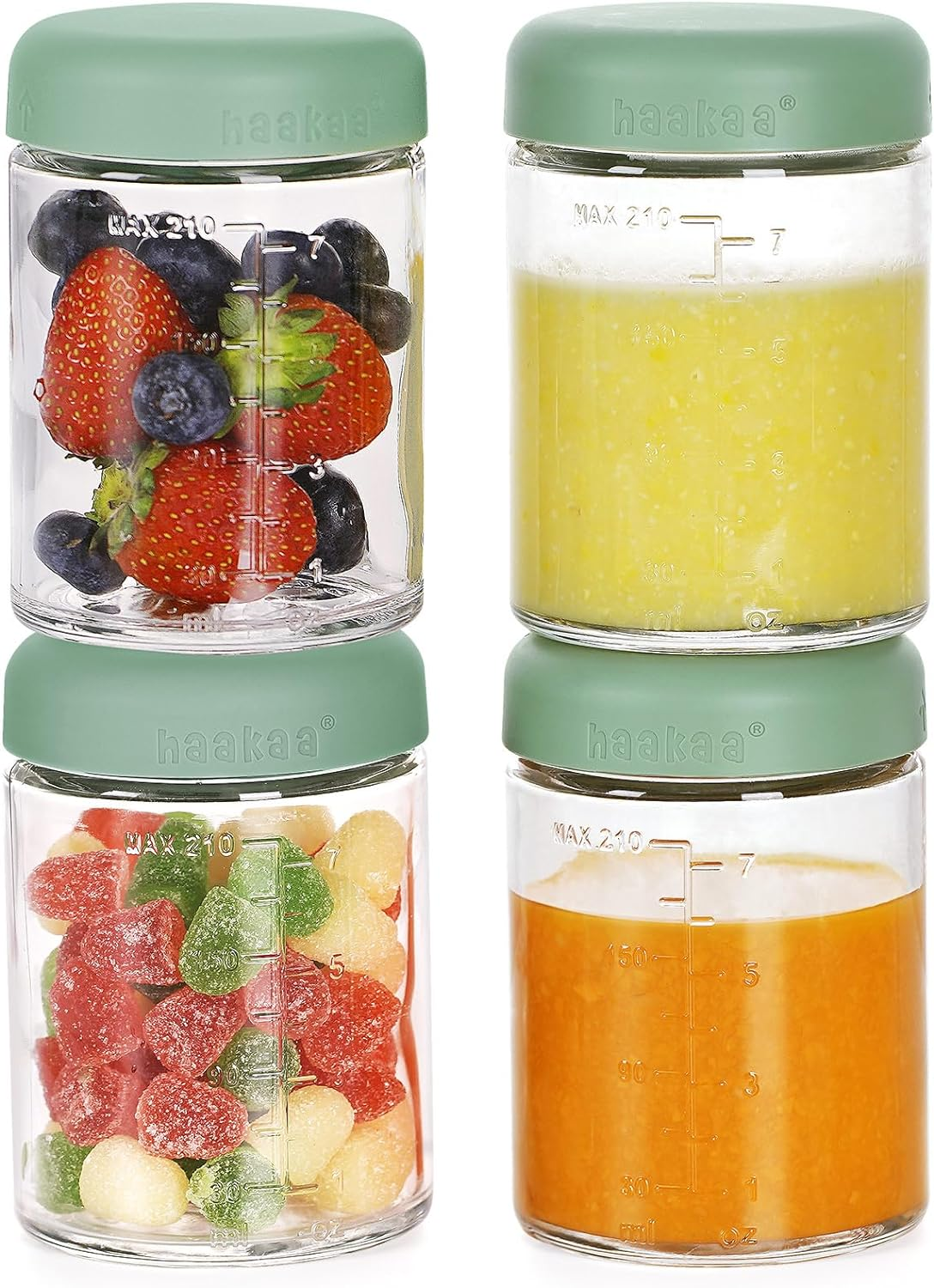 Haakaa Baby Food Storage Containers, Glass Baby Food Storage Jars with Silicone Lid, Baby Food Freezer Storage, 7Oz Baby Food Containers, Freezer Safe Microwave Safe. [4 Pack - Green Cover]