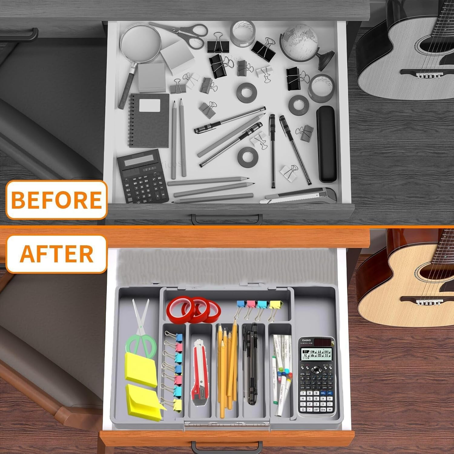 Drawer Organiser Expandable Tray for Kitchen or Office,Adjustable Silverware Flatware/Stationery Holder, Compact Plastic Storage for Spoons/Forks/Knives/Pens/Sticky Notes (GREY) image number 2