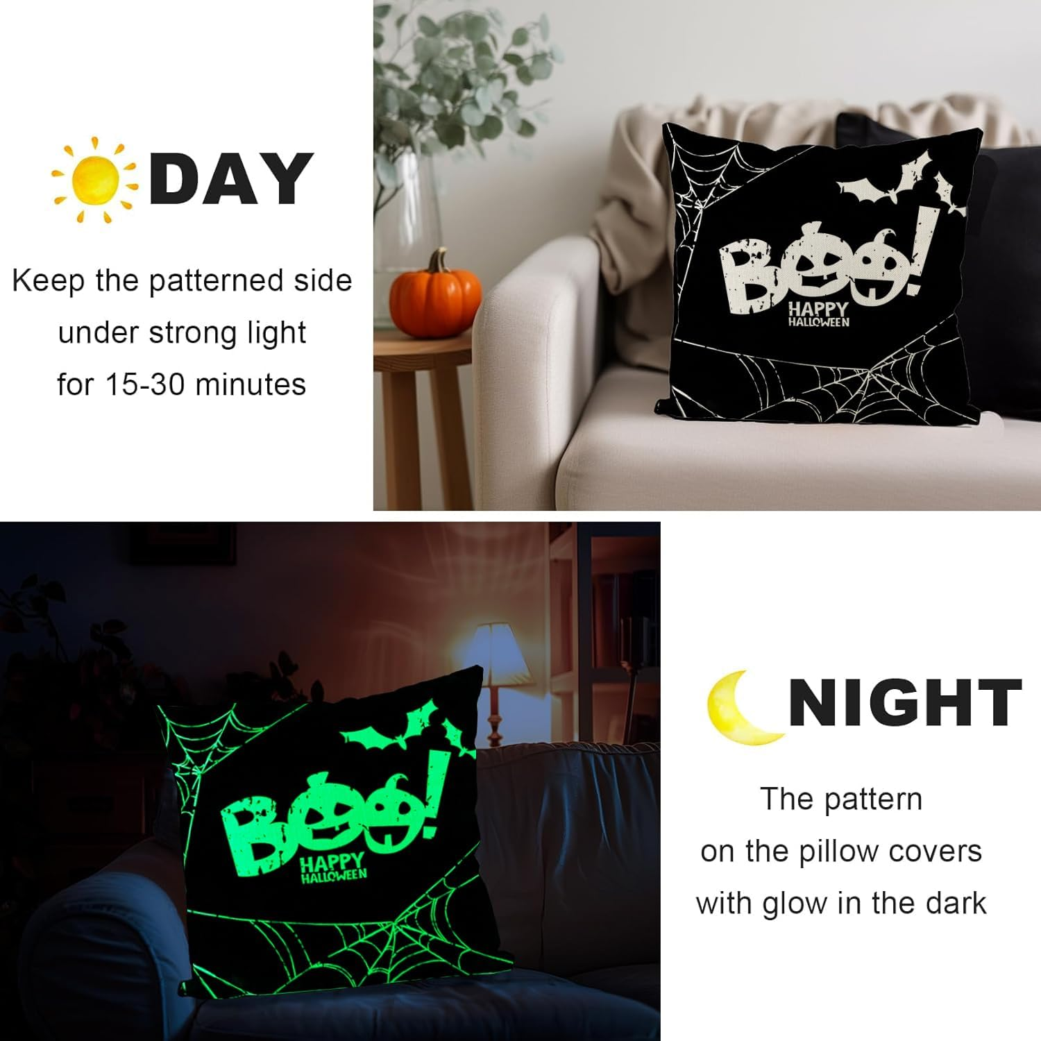 ZANZER Halloween Pillow Covers Glow in the Case Glow in the Dark Skeleton Spooky Throw Pillow Covers Luminous Farmhouse Home Decorations Sofa Bedroom Cushion Case image number 2