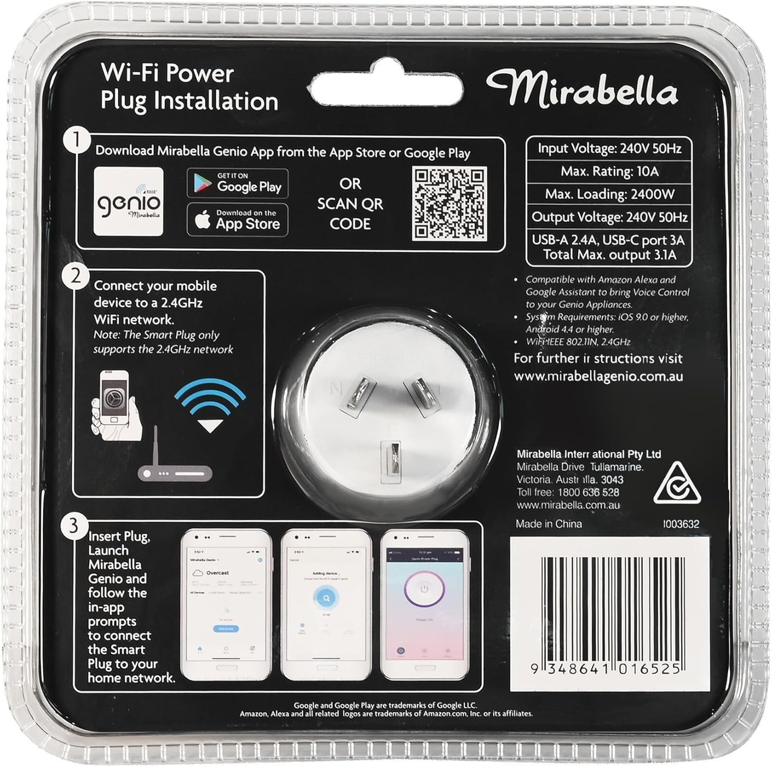 Mirabella Genio Wi-Fi Power Plug with USB-A & USB-C Port Includes Timer & Scheduler Function (10A)