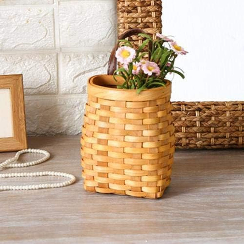 Hanging Wicker Basket Hand-Woven Wood Storage Basket Portable Wall Hanging Flower Basket Organizer Fruit Vegetable Rattan Box Home Decoration Height 6.1In image number 1