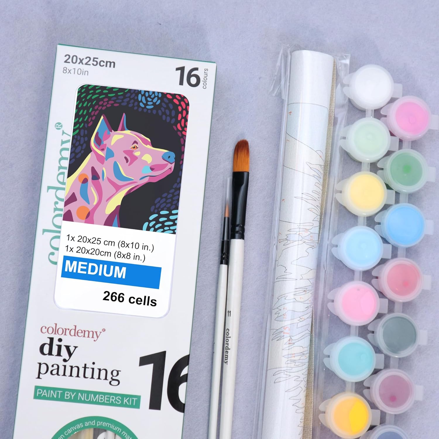 COLORDEMY 2-In-1 Paint by Numbers Kit - Rolled Canvases (20X25Cm & 20X20Cm), 16 Colours, Brushes & Paints Included - Fun for Adults & Kids, Perfect for Parties or Group Painting (Pinscher Design) - Corgi image number 4