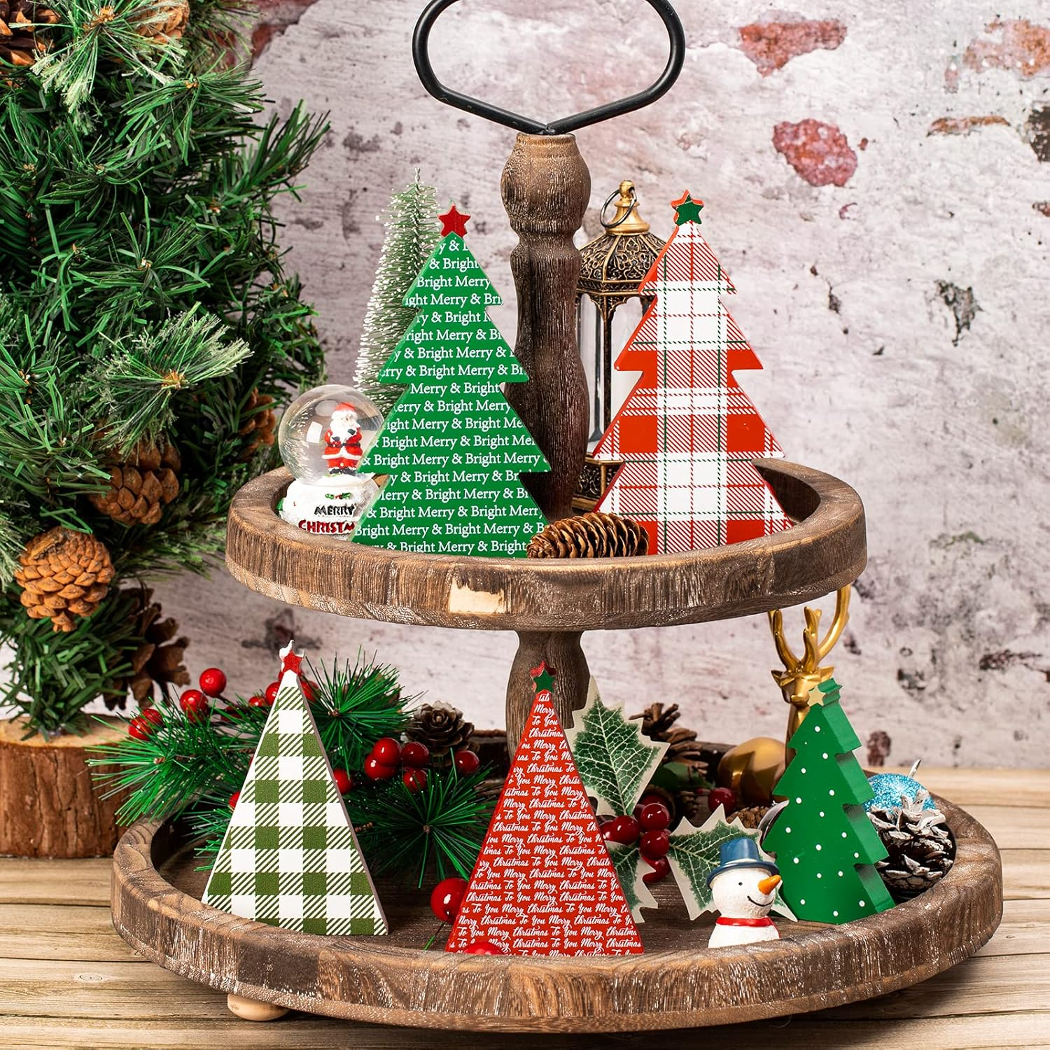 Whaline 5Pcs Wooden Christmas Tree Tabletop Decoration 3 Sizes Red Green Plaid Xmas Tree Table Centerpieces Rustic Sanding Christmas Tree Wood Sign for Home Office Fireplace Farmhouse image number 6