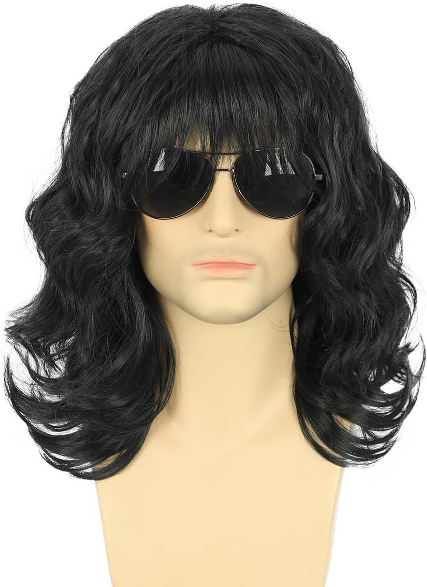 AIMALL 70S 80S Rock Style Men'S Wig &ndash; 13.5In Medium Long Black Curly Synthetic Fibre Costume Wig for Cosplay, Disco Party, Halloween, Retro Rocker Look
