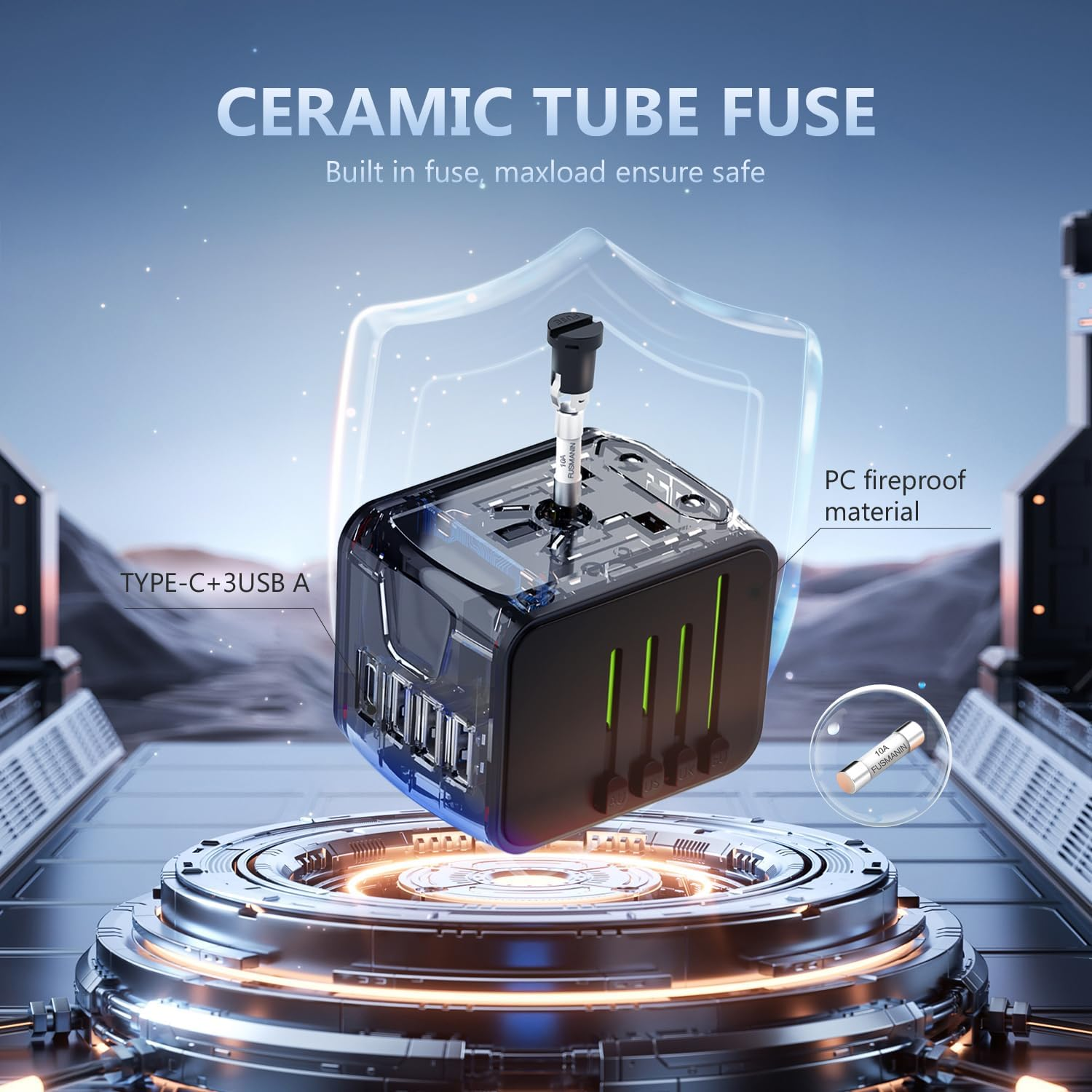 Travel Adapter, Universal International Power Adapter with 3USB Port and Type-C International Wall Charger Worldwide AC Power Plug for Multi-Nation Travel UK, EU, AU over 200 Countries (Green) - Black image number 4