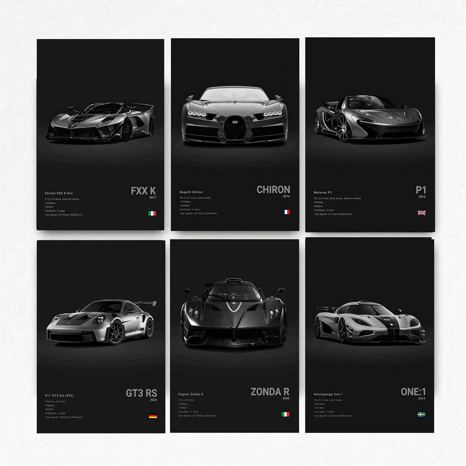 Super Car Poster Racing Car Wall Art for Home Decor Car Prints for Walls FXXK CHIRON P1 911GT3 RS ZONDA R ONE:1 Cardstock Posters Set of 6(Unframe 8X12Inch)