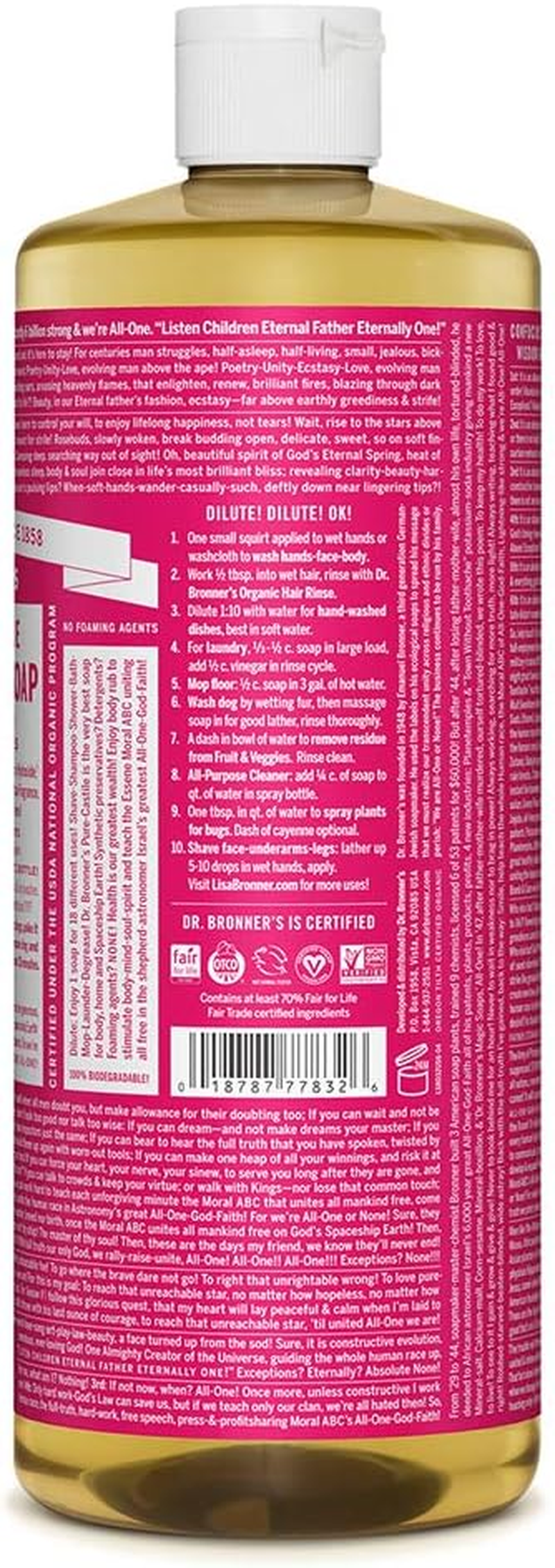 Dr. Bronner'S - Pure Castile Liquid Soap 2-Pack - Organic Coconut Oil Cleanses & Nourishes - Rose - 32Oz