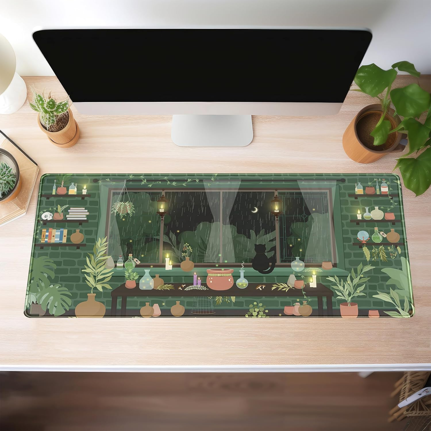 Kawaii Rainy Night Desk Mat Green Plants Gaming Mouse Pad XL, Aesthetic Anime Black Cat Desk Pad Laptop Computer Keyboard Mouse Mat, Desktop Decor Accessories for Girl Women Office 31.5"X11.8" image number 2