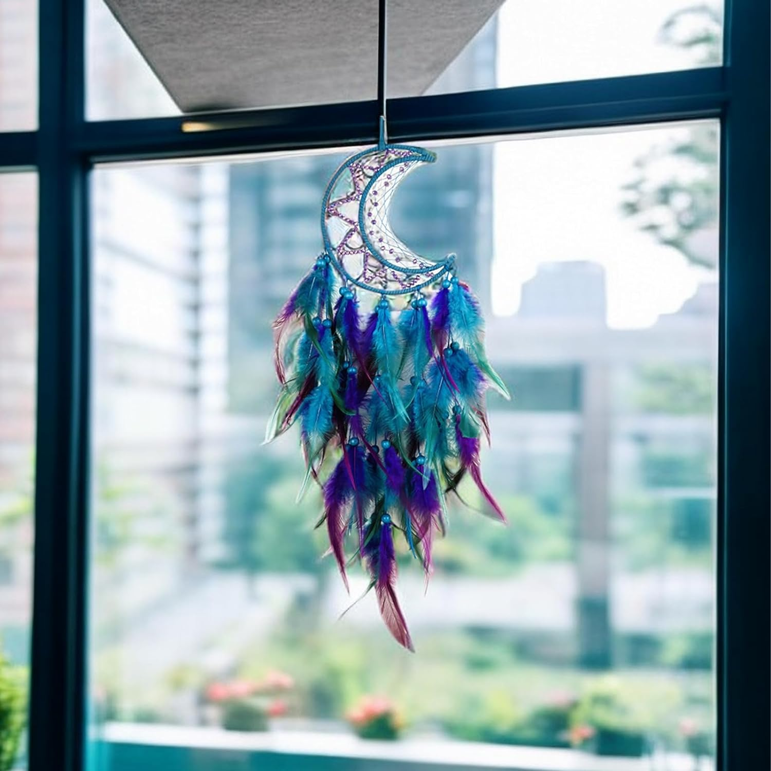 Moon Dream Catcher Handmade Feather Wood Beads Wall Hanging Decor - Blue Purple Bohemian Ornament for Kids Bedroom Home Decoration - Art Craft Gift image number 2