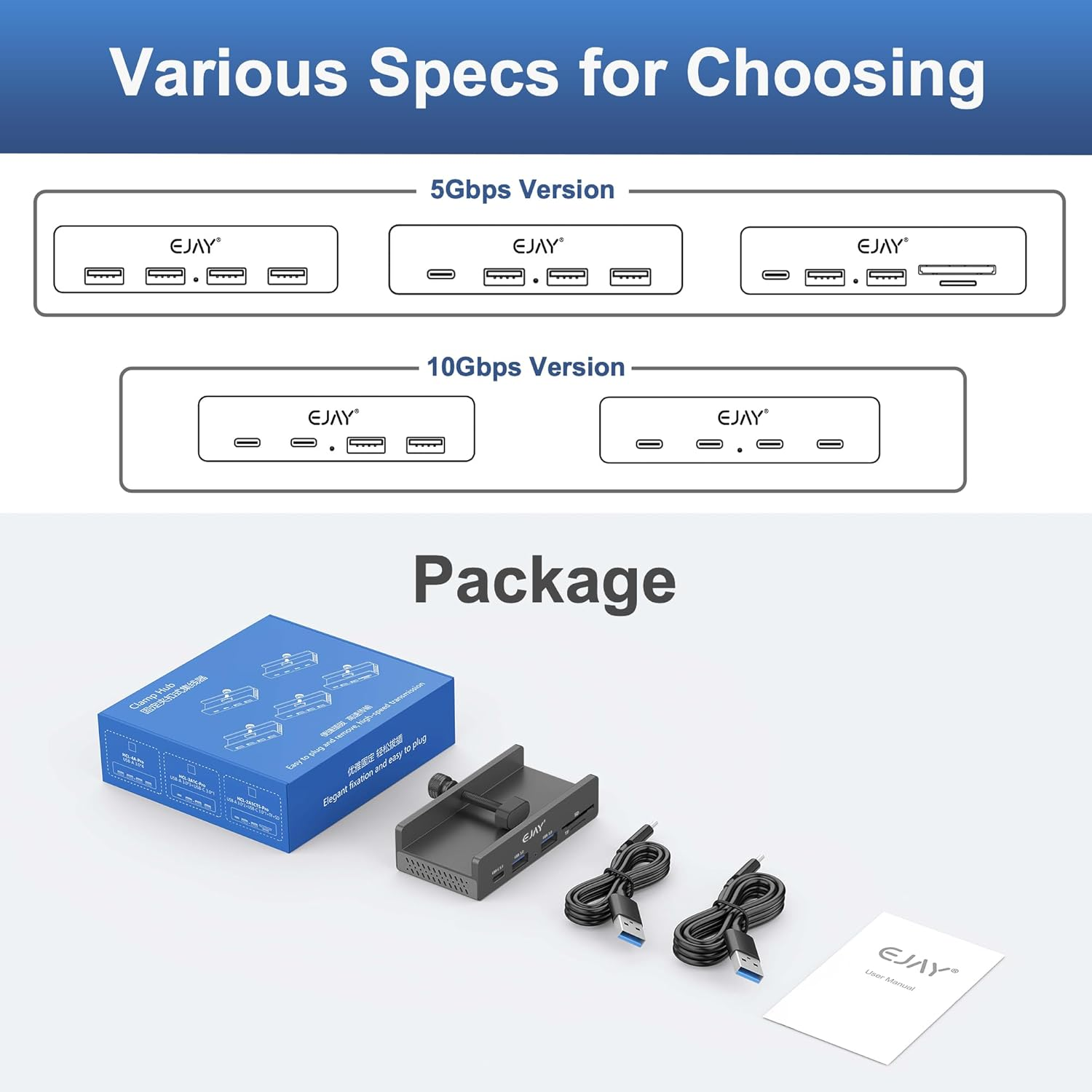 EJAY 5Ports USB3.0 HUB Alu Splitter Desktop Docking with TF&SD Card Reader for Desk/Monitors Clipping with Extra Power Supply Port,59Inches Data & 39Inches Power Cable-5Gbps (2A1CTS-BK) image number 1