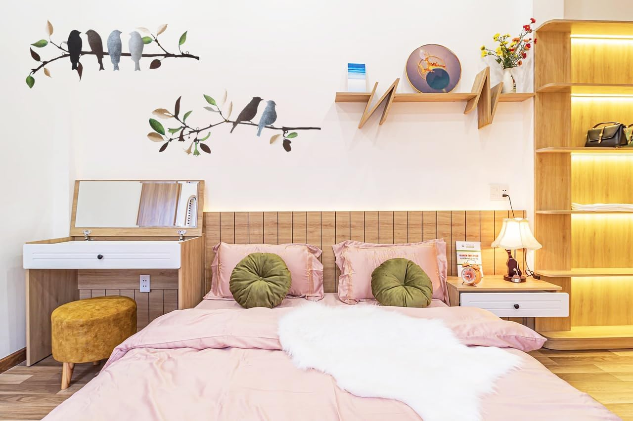 2 Pieces Metal Birds Wall Art Decor on Branch Metal Silhouette Sculpture Colorful Leaves with Birds Wall Decor Metal Art Wall Decor for Home Garden Balcony Indoor Outdoor Decor -Multi image number 5