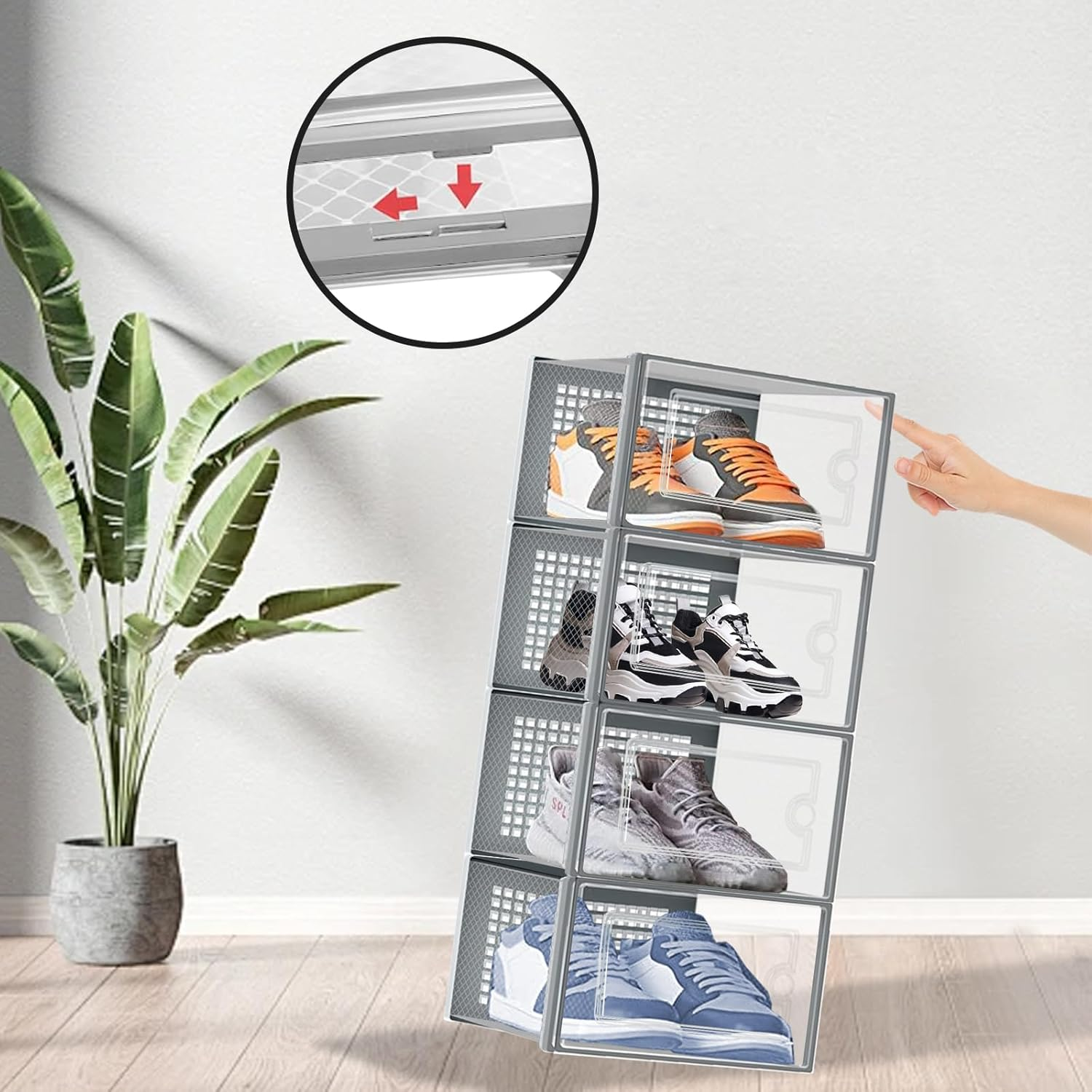 Stusgo Large 15 Pack Shoe Storage Box, Clear Shoe Box Plastic Stackable Shoe Organizer for Closet, Space Saving Foldable Shoe Rack Sneaker Container Bin Holder 15(33X 24X14Cm) image number 6