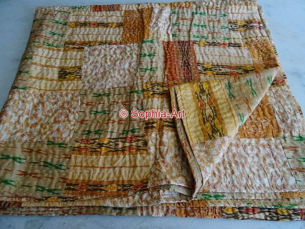 Indian Quilt -Vintage Quilt Old Patola Indian Silk Sari Kantha Quilted Patchwork Bedspread Bohemian Kantha Throws Silk Patola Quilt, Bed Cover,Size 90" X 108" (Multi)