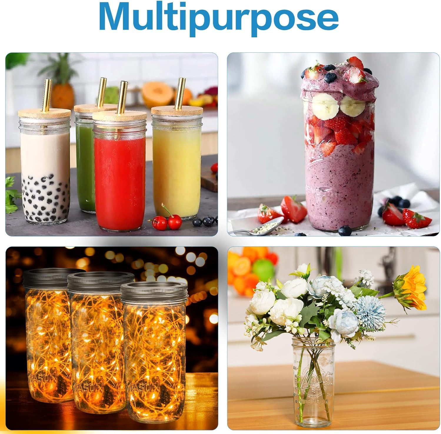 LATERN 6Pcs 24Oz Wide Mouth Mason Jars, 720Ml Printed Glass Jar Leakproof Mason Glass Jars with Airtight Lid and Band for Preserving Jam Honey Jelly Sauces Meal Prep Overnight Oats Salad Yogurt image number 5