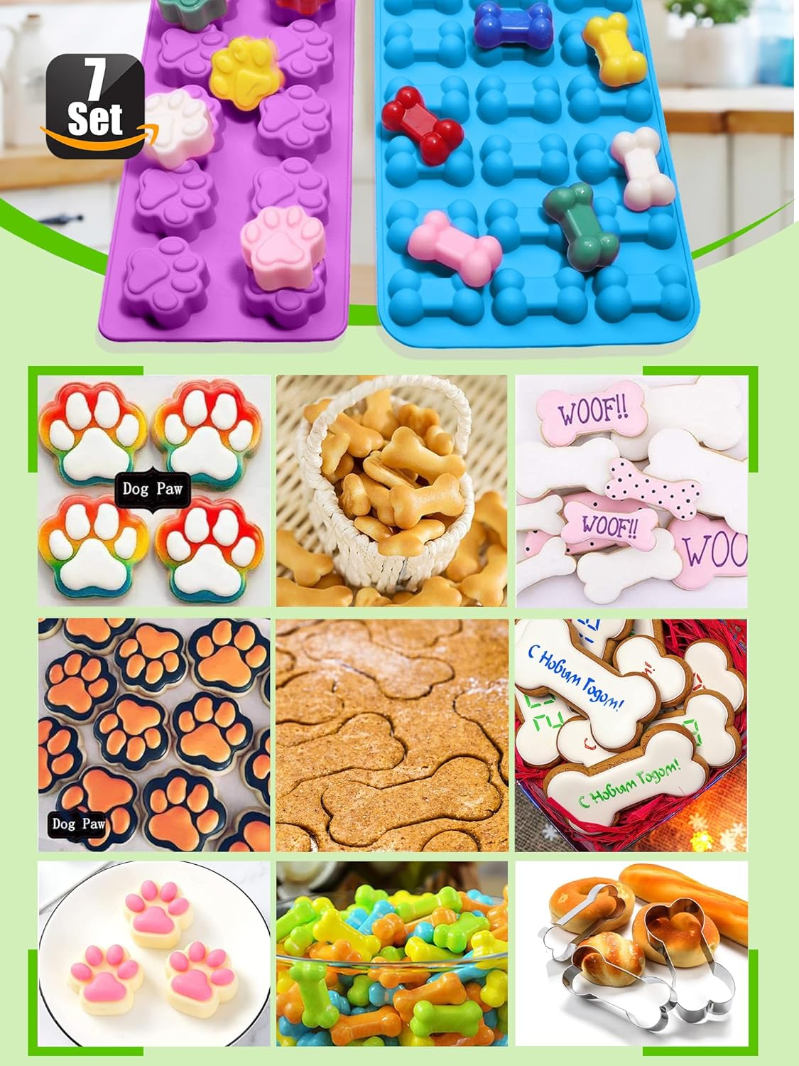 Set of 7，4 Pieces Silicone Molds Puppy Dog Paw & Bone Shaped and 3 Pieces Stainless Steel Bone Cookie Cutter,For Homemade Treats and Cat Animal Paw Ice Candy Chocolate Baking Mold. - Christmas Tree image number 2
