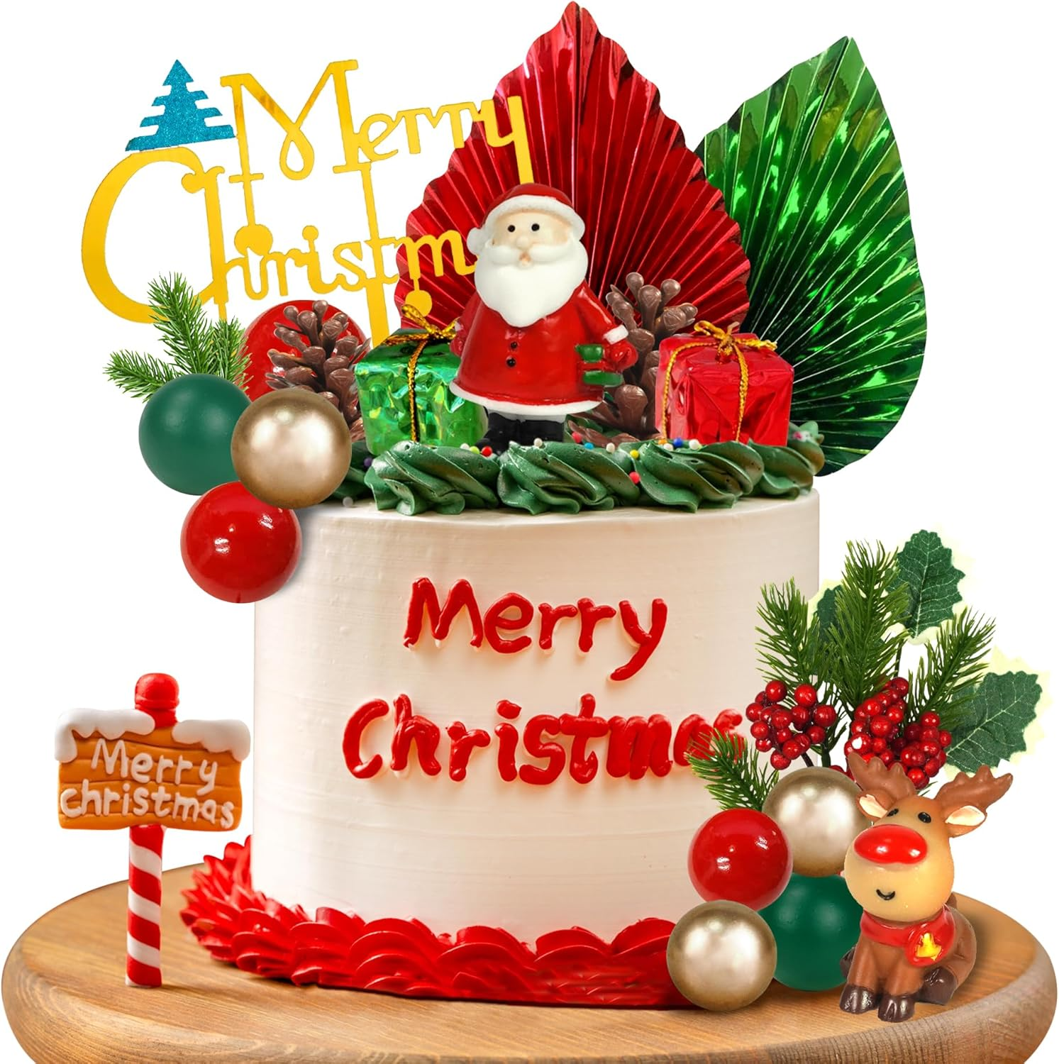 20 PCS Christmas Cake Toppers Merry Cake Decoration with Green Red Palms Tree Mini Santa Reindeer for Christmas Themed Birthday (Style 1) image number 4