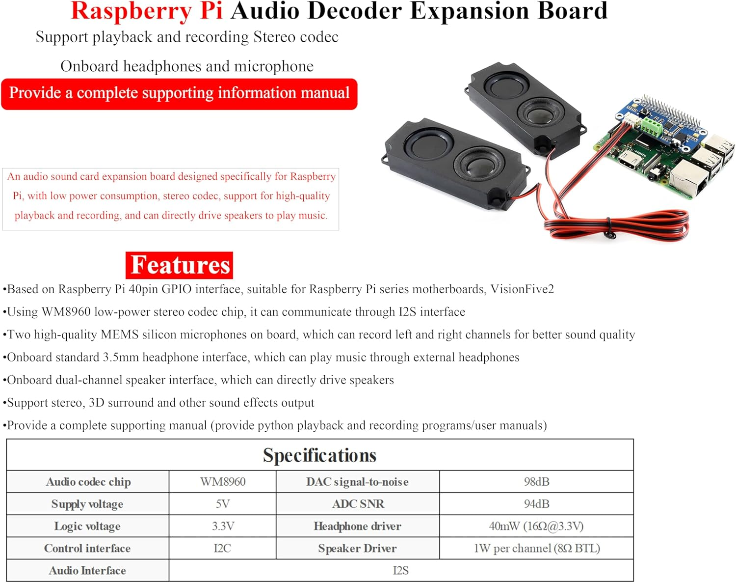 WM8960 Audio HAT Compatible with Raspberry Pi 5/4B/3B+/3B/Pi Zero/Zero W/Pi Zero 2W/Zero 2Wh/Pico W/Pico 2W, WM8960 Hi-Fi Sound Card HAT, Stereo CODEC, Hi-Fi Play/Record, Come with 8&Omega; 5W Speaker image number 3