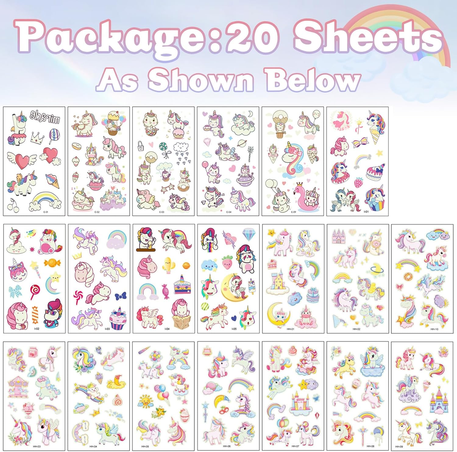 20 Sheets Luminous Temporary Tattoos Kids, Unicorn & Dino Themes Glow Temporary Tattoos Stickers for Girls Boys, Glow Party Supplies Gifts (Unicorn)