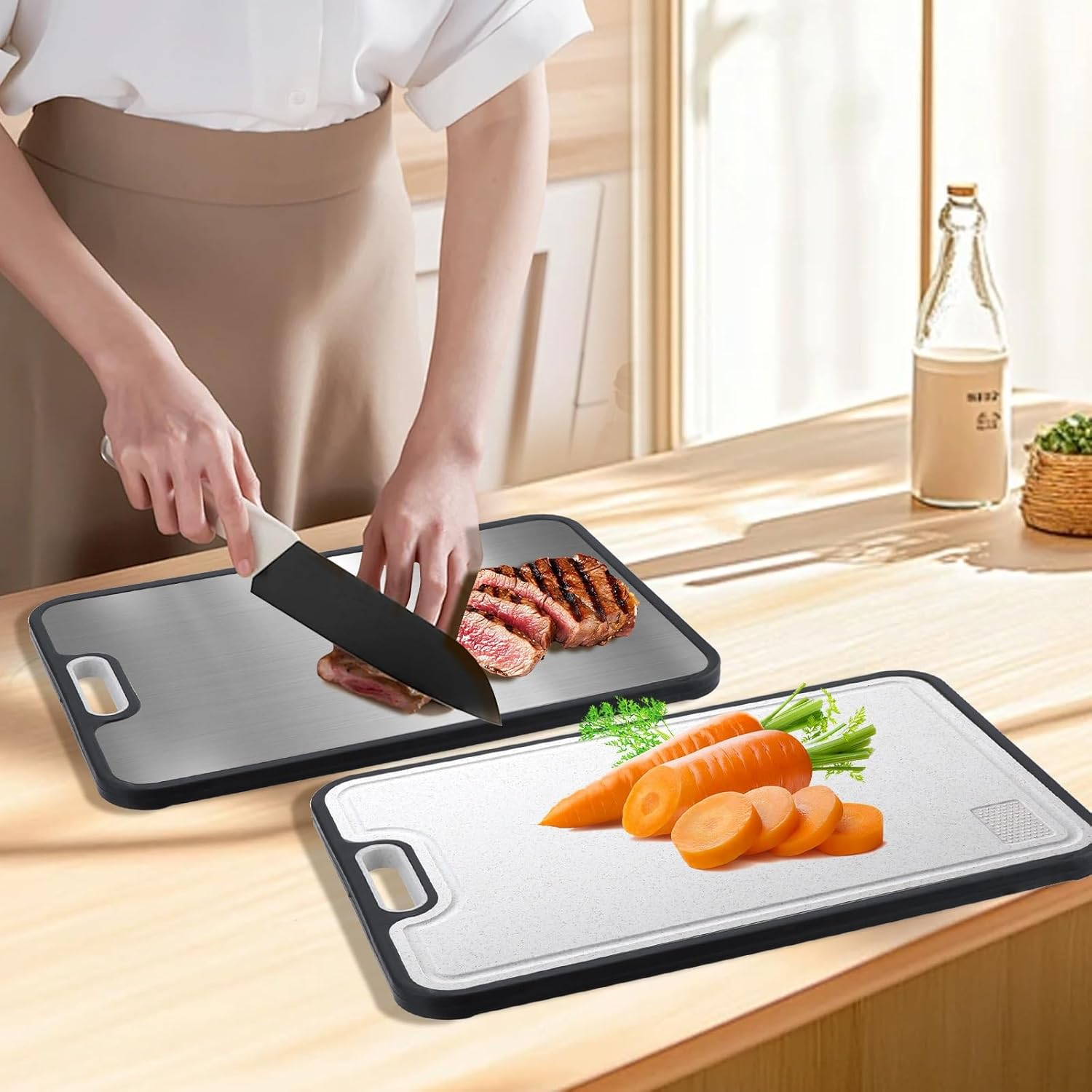 Cutting Board,Double Sided Titanium Cutting Boards for Kitchen, Titanium/Wheat Straw PP Chopping Board with Juice Groove,Large Size 15.6"&times;10.6",Dishwasher Safe, Easy to Clean image number 3