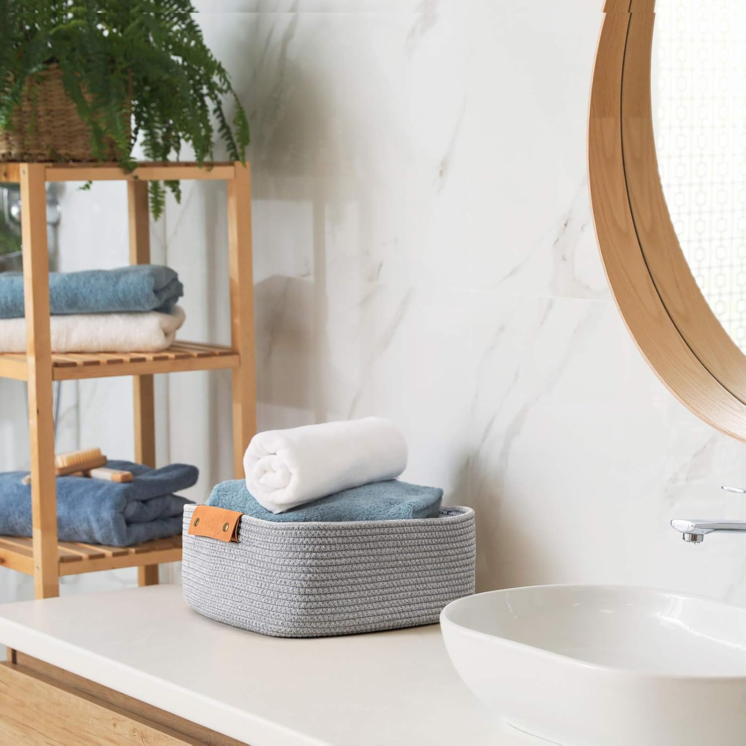 CHICVITA Rectangle Cotton Rope Woven Basket with Handles for Books, Magazines, Toys - Decorative Rectangle Basket for Baby Nursery, Living Room, Bathroom, Grey image number 5