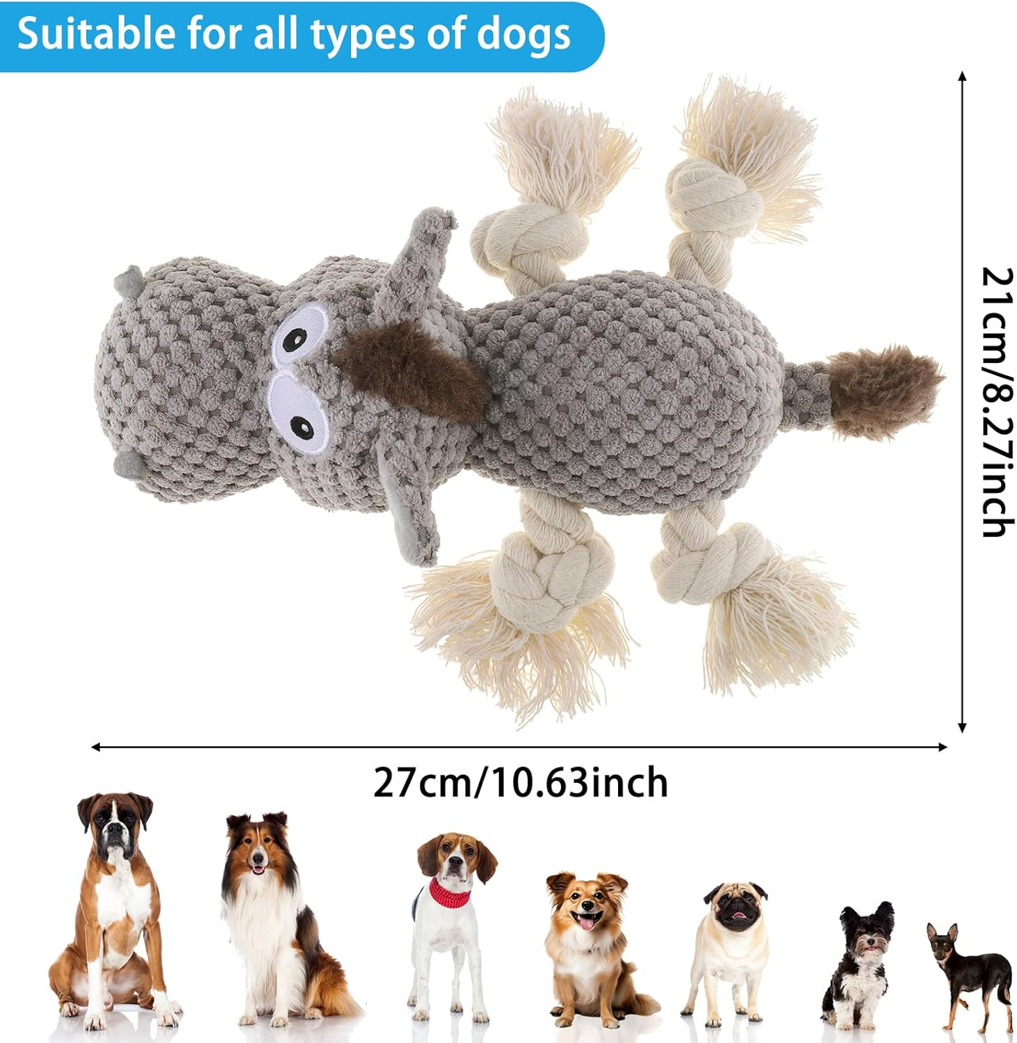 JIZZU Dog Squeaky Toy, Dog Plush Toy for Boredom for Middle, Large Dogs, Fun Squeaky Dog Toys with Crinkle Paper, Interactive Dog Toys/Squeaky Dog Toys/Dog Birthday Gifts (Cotton Rope Dog) image number 1