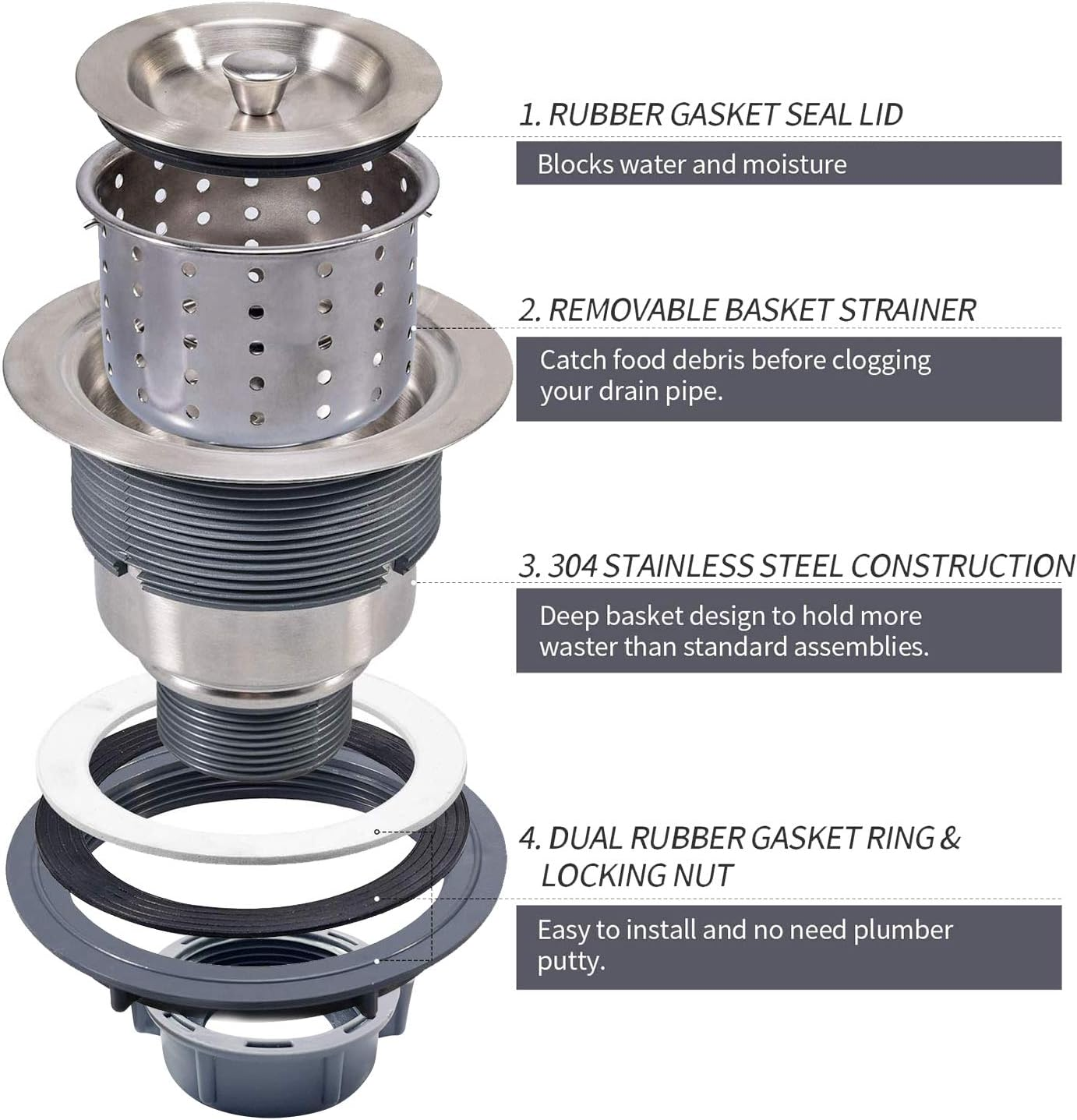 KONE K.ONE 3-1/2-Inch Kitchen Sink Drian Strainer with Removable Deep Waste Basket/Strainer Assembly/Sealing Lid, Stainless Steel, Kitchen Sink Strainer Garbage