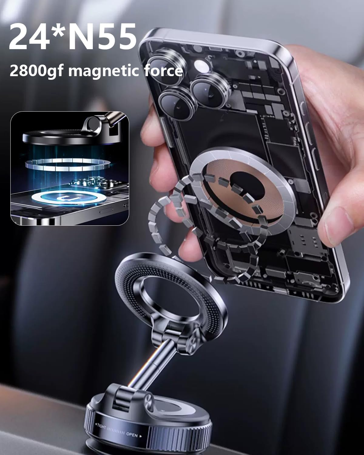 2025 Upgraded Vacuum Magnetic Phone Holder Stand,Strong Suction & Magnet Car Phone Mount,360&deg; Swivel Lock for Car/Gym/Mirror,Compatible with Iphone 17 Pro Max/Android/Most Phones image number 2