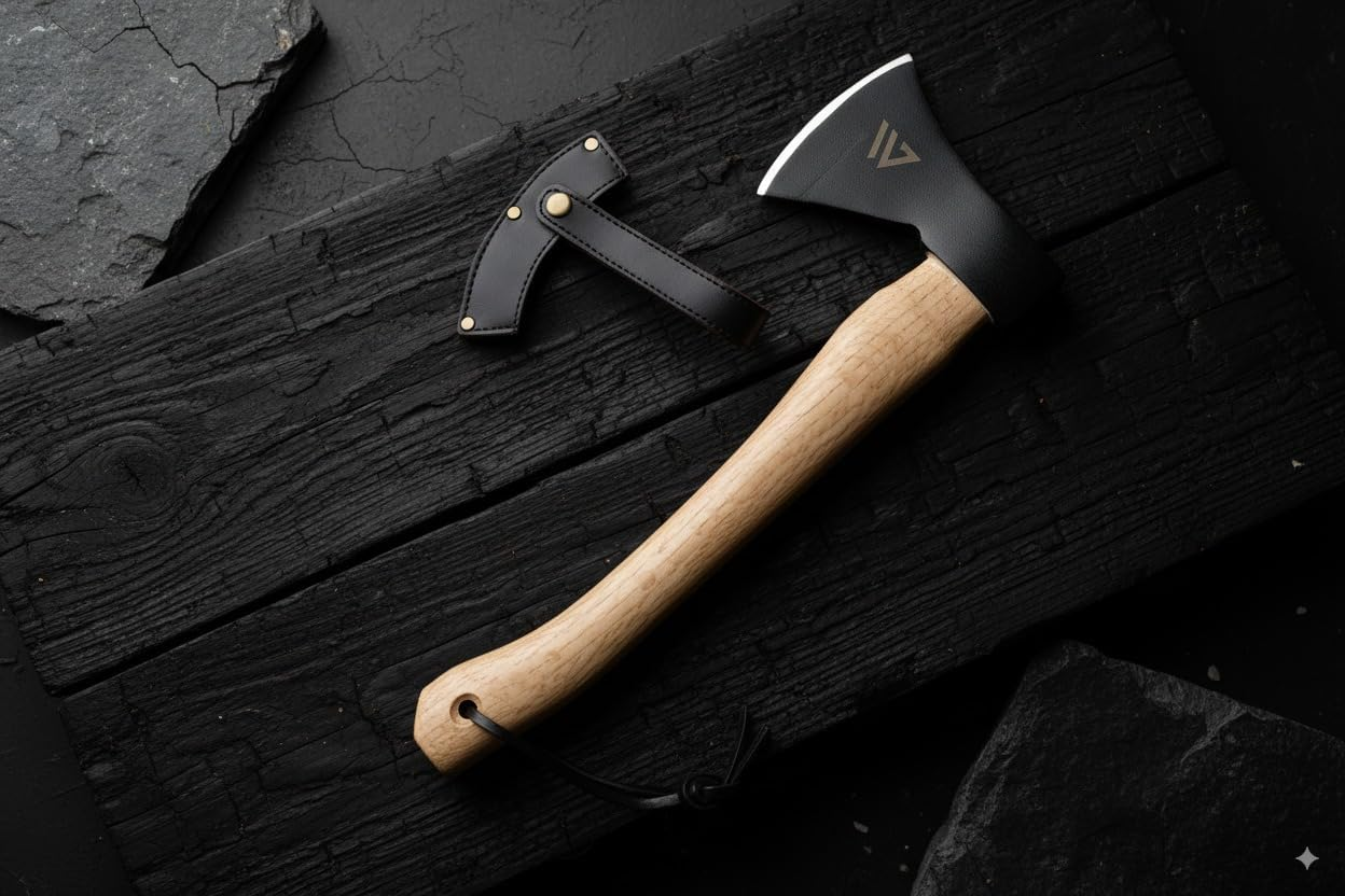 Wilora Wood Handle Hatchet | Camping Axe with Ring-Cupped Oak Handle, 45# Steel Blade, PU Sheath, and Lanyard | Firewood Splitting and Survival Tool image number 4