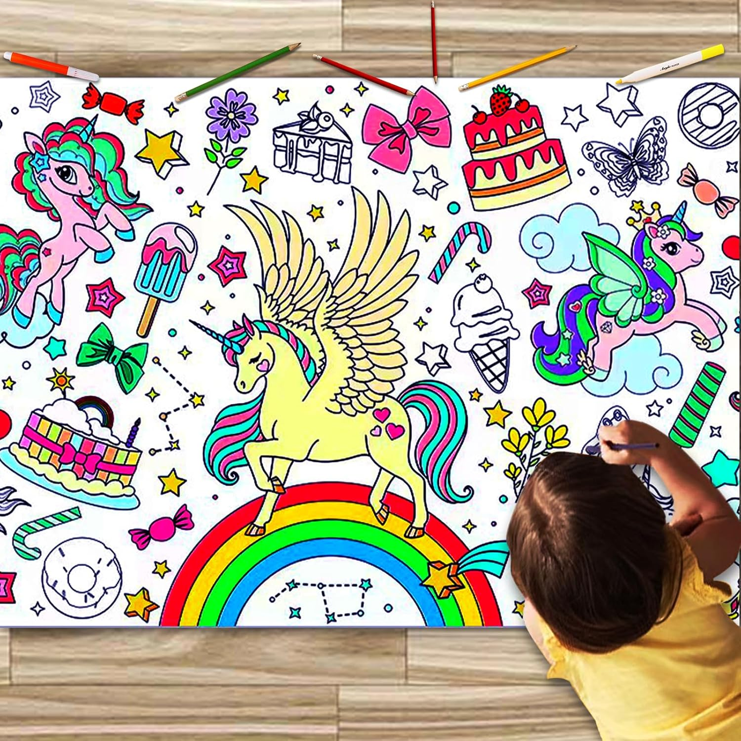 JUNQIU Unicorn Coloring Table Cloth for Kids, 72 * 31Inch Giant Coloring Poster for Unicorn Birthday Decorations/Party Games/Birthday Activities/Crafts/Coloring Paper Roll