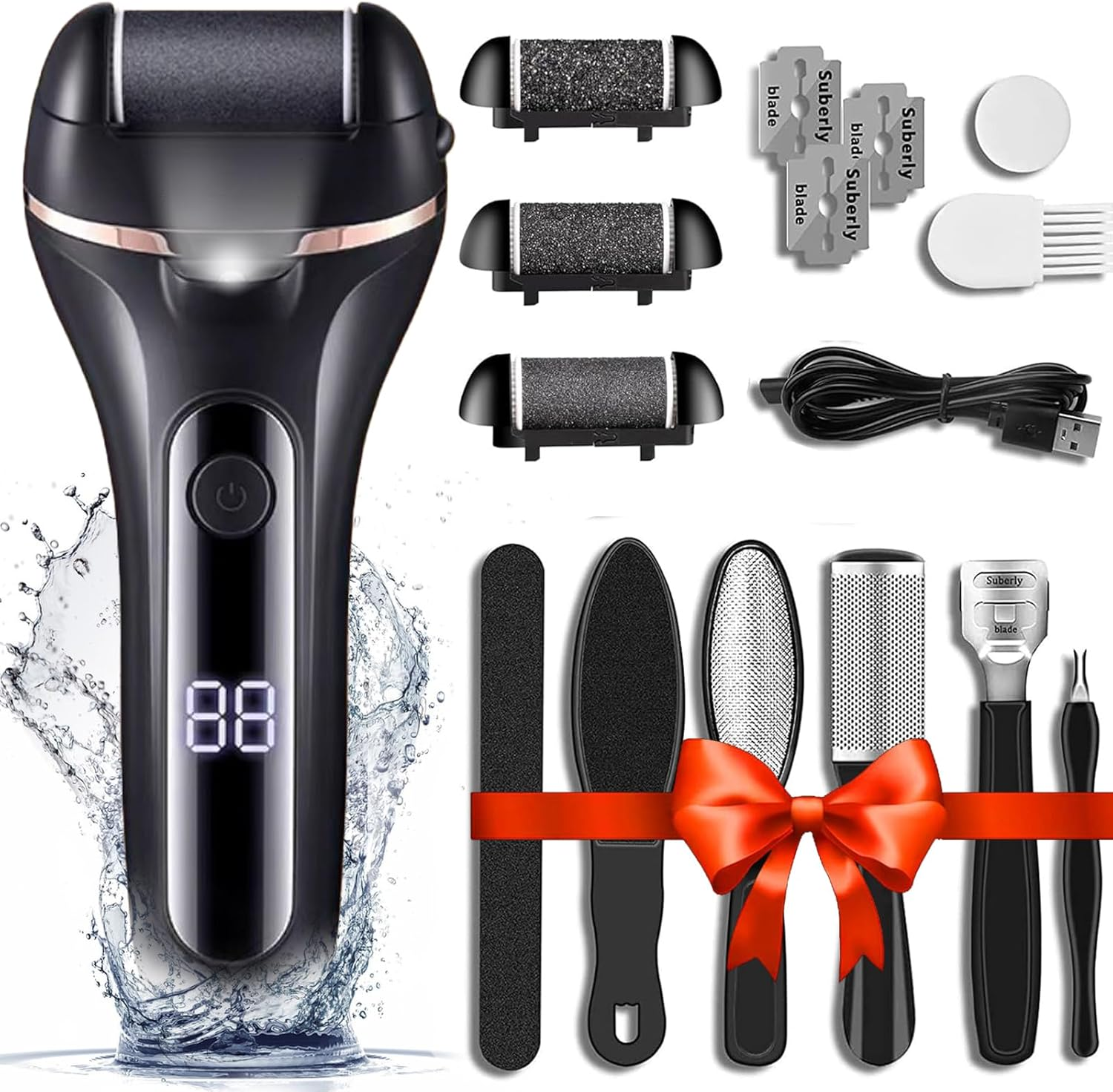 Electric Callus Remover for Feet, Professional Electric Foot File Rechargeable Foot Scrubber Pedicure Kit with 3 Roller Heads for Heels and Dead Skin Black image number 1