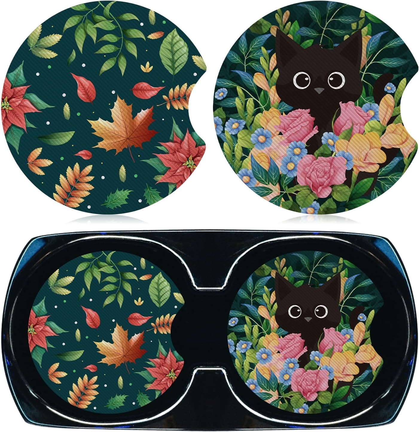 4Pcs Car Coasters for Cup Holders, Cup Mats for Car Cupholder Insert Coasters with Finger Notches Rubber Anti-Skid Universal Vehicle Coasters Car Accessories for Car Automotive Cupholders Decor（Cat） image number 4